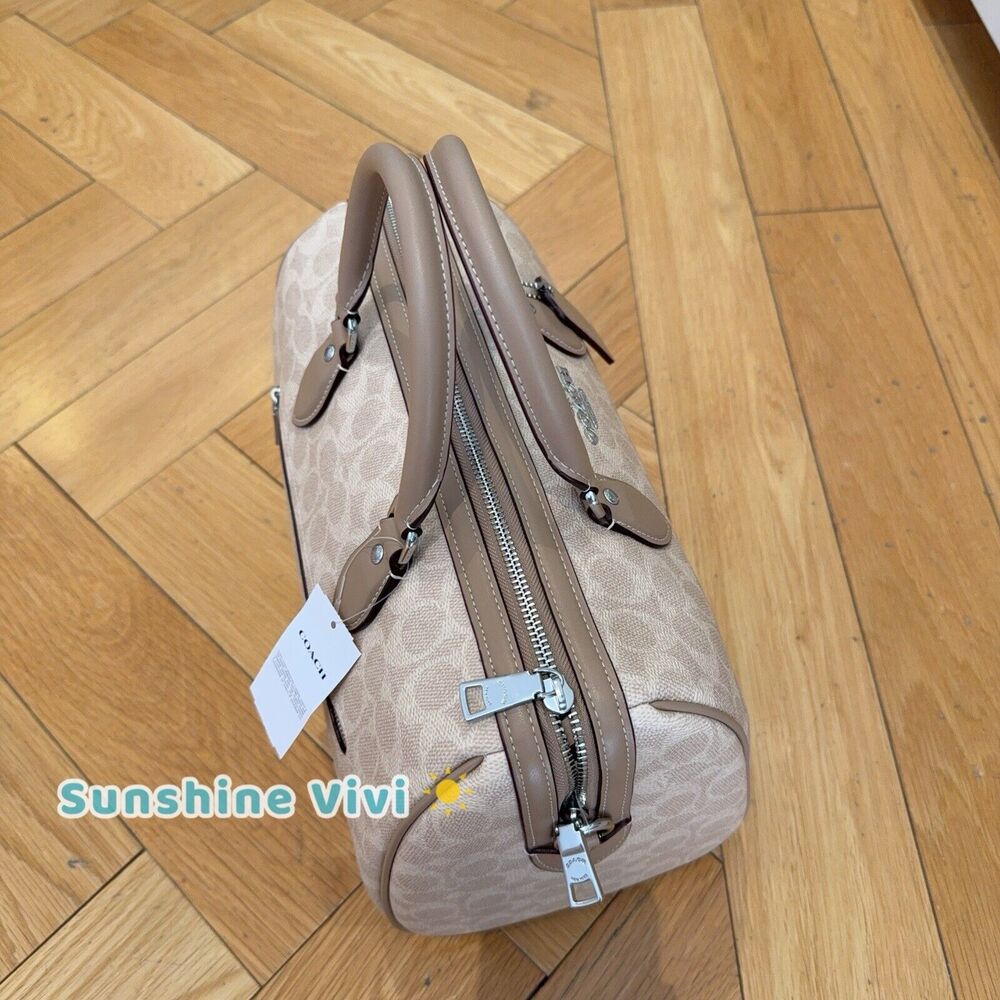 NWT Coach Rowan Large Satchel Bag In Signature Canvas CV959 Sand Taupe Silver - Picture 2 of 9